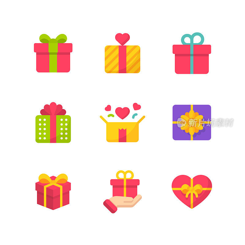 Gift Flat Icons. Pixel Perfect. For Mobile and Web. Contains such icons as Gift, Present, Birthday, Love, Friendship, Celebration, Ribbon, Gift Box, Party.